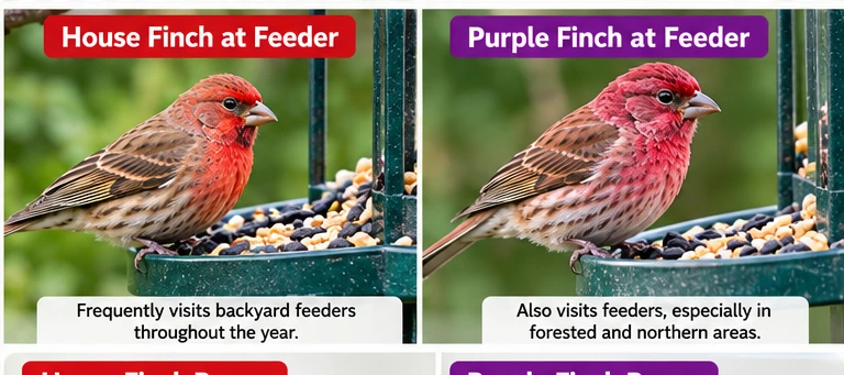House and Purple Finches visiting bird feeders