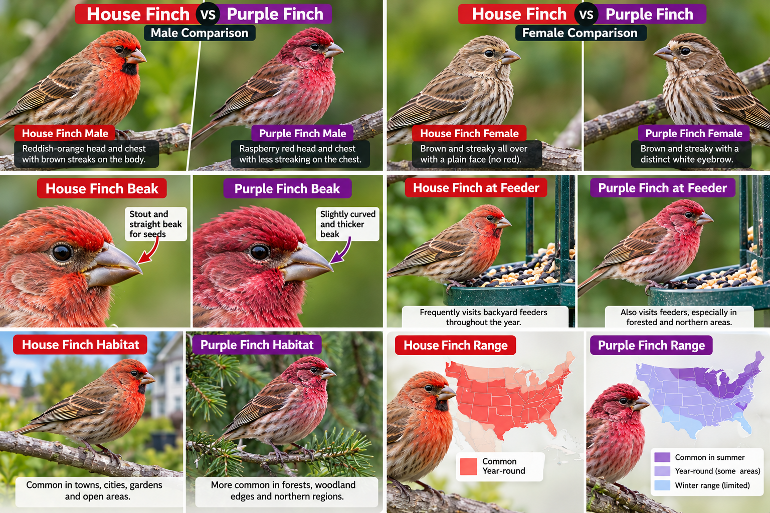 AI-generated illustration: House Finch vs Purple Finch Guide of House Finch and Purple Finch