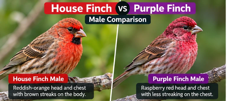 Male House Finch and Purple Finch plumage comparison