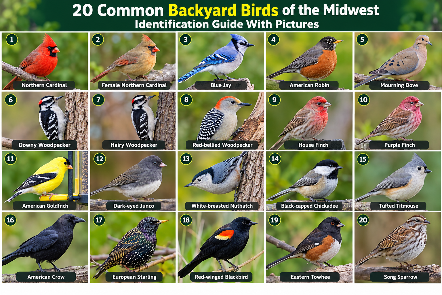 Illustrated field guide collage of common Midwest backyard birds including cardinal, blue jay, robin and goldfinch