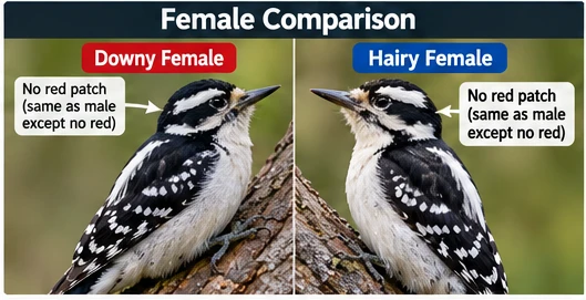 Illustrated female Downy and Hairy Woodpeckers