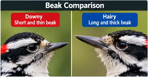 Illustrated bill comparison of Downy and Hairy Woodpeckers