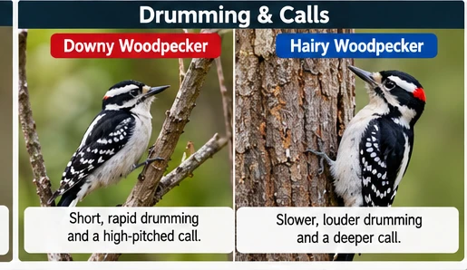 Illustration comparing calls of Downy and Hairy Woodpeckers