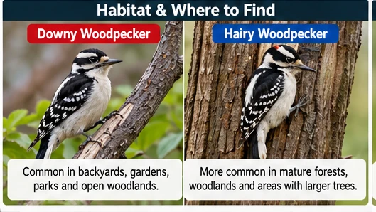 Illustrated habitat comparison of Downy and Hairy Woodpeckers