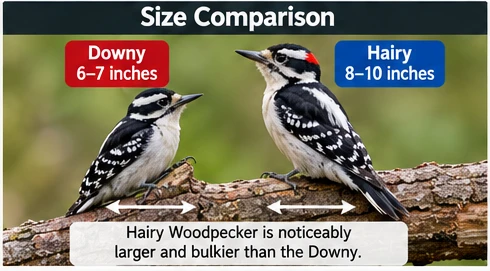 Illustrated size difference between Downy and Hairy Woodpeckers